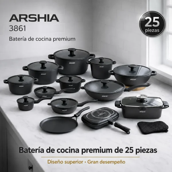 Batería de cocina Arshia de 25 piezas en aluminio fundido