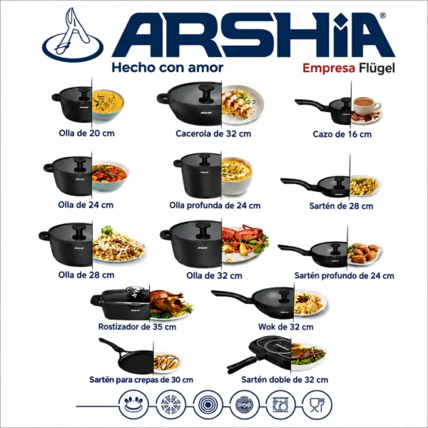 Batería de cocina Arshia de 25 piezas en aluminio fundido