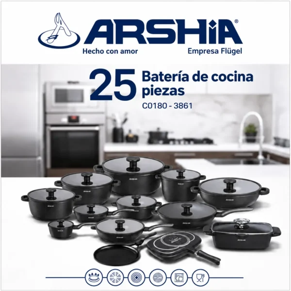 Batería de cocina Arshia de 25 piezas en aluminio fundido